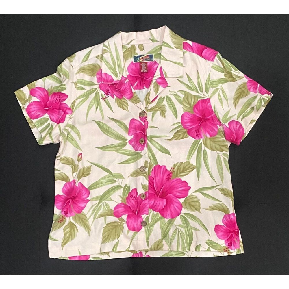 La Cabana Petite Hawaiian Hot Pink and Khaki Floral Button-Down‎ Shirt